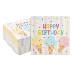 Blue Panda 100 Pack Happy Birthday Ice Cream Luncheon Paper Napkins for Party Supplies Decorations, 6.5 In - 1 of 4