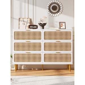 Rattan Dresser with 6 Drawers, Tall Wood Chest of Drawers with Wide Top, Deep Storage Organizer for Bedroom Living Room Kids Room - 1 of 4
