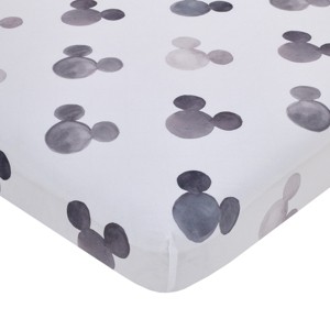 Disney Mickey Mouse - Black, White and Gray Watercolor Mickey Ears Nursery Fitted Mini Crib Sheet - 1 of 4