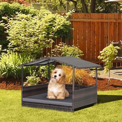 Medium Brown Wicker Outdoor Dog House with Grey Cushion