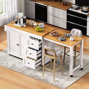 Whisen Kitchen Island with Extendable Dining Table, Storage Cart with 3 Drawers, Power Outlet, Spice Rack and 2 Door Cabinet - 1 of 4