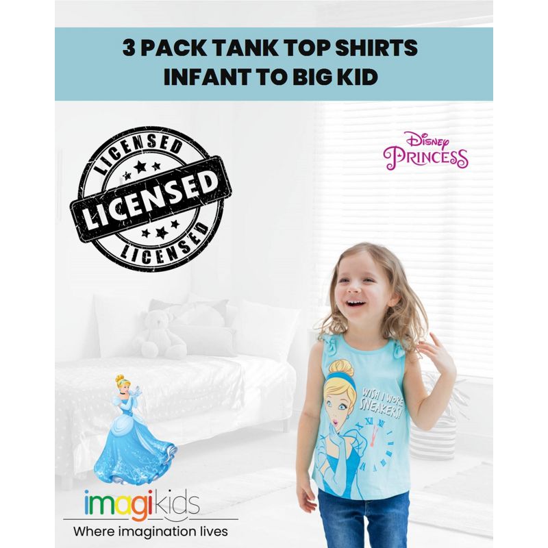 Disney Princess Cinderella Belle Moana Girls 3 Pack Tank Top Shirts Toddler to Big Kid, 2 of 9