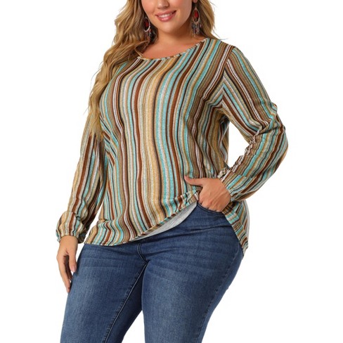 Agnes Orinda Women's Plus Size Colorful Elastic Cuff Crew Neck Long Sleeve  Stripe Top Multicolor 1X