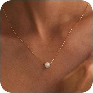 14k Gold Plated Dainty Necklace Simple Pearl Drop Single Charm Pendant Necklace - 1 of 4