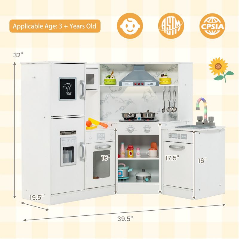 Costway Kids Corner Kitchen Playset Wooden Pretend Play Toy with Microwave White\Coffee, 3 of 11