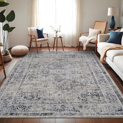 Area Rug - Machine Washable Non-Slip Low Pile Vintage Distressed Print Rug for Living Room, Bedroom, Dining Room & Home Office