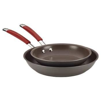 Rachael Ray Twin Pack Hard-Anodized Nonstick Skillet Set - Gray with Cranberry Red Handles