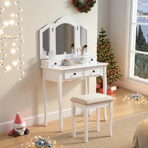 ORRD Wooden Vanity Makeup Table Set with Mirror & Stool, 4 Drawer Dressing Table, Beveled Mirror & Upholstered Bench，Rose Gold - 1 of 4
