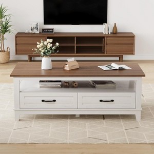 Farmhouse Coffee Table with Drawers, 47.2" Center Table Rustic Coffee Tables Center Table with Open Shelf, 6 Support Legs - 1 of 4