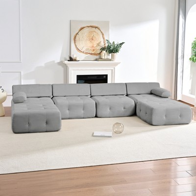 Mjkone U-Shaped Velvet Modular Sectional Sofa With free Combination Ottoman,Convertible 4-Seater Sofa with Rivet Trim