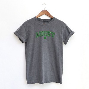 Simply Sage Market Women's Embroidered Lucky Varsity Clover St. Patrick's Day Short Sleeve Garment Dyed Tee - 1 of 3