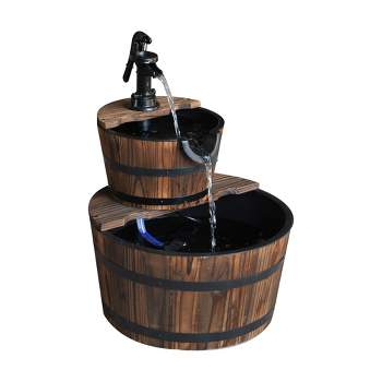 Outsunny Wood Freestanding Fountain with 2 Tier Waterfall Barrel, Electric Pump for Garden Decor, Lawn, Backyard