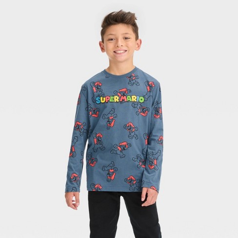 Boys Super Mario Long Sleeve Graphic T Shirt Steel Blue XS