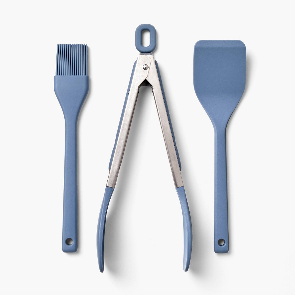 Photos - Other Accessories 3pc Silicone Mini Turner Basting Brush and Tongs Set Blue - Figmint™