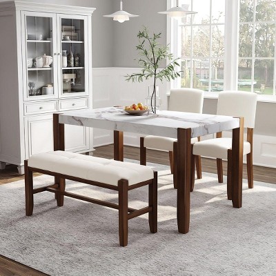 Streamdale Modern 4-Piece Dining Set - Faux Marble Table, 2 Chairs & Bench
