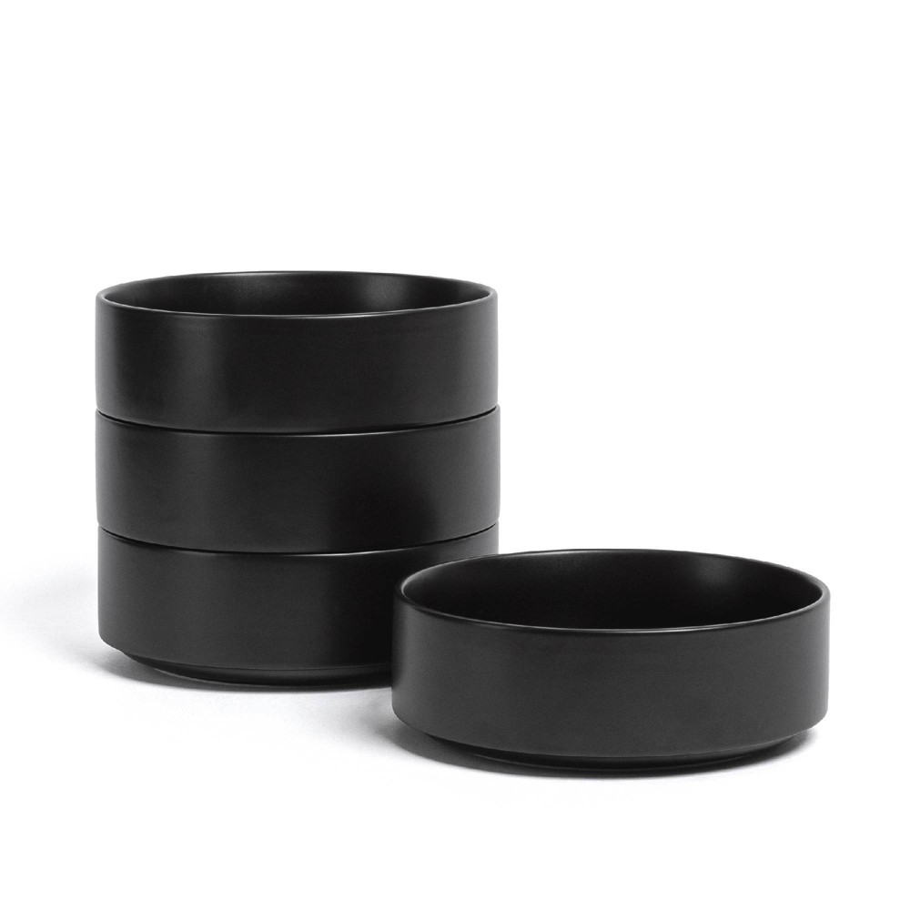 over&back Set of 4 25oz Stackable Hand-Finished Stoneware Cereal Bowls Semi-Matte Black: Microwave & Dishwasher Safe