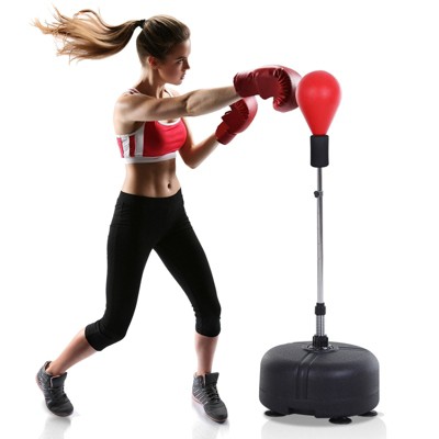 VisioGear Punching Bags Free Standing Punching Bag with Stand and Boxing Gloves, Height Adjustable Boxing Bag Set, Red, 19.00"*19.00"*60.80"
