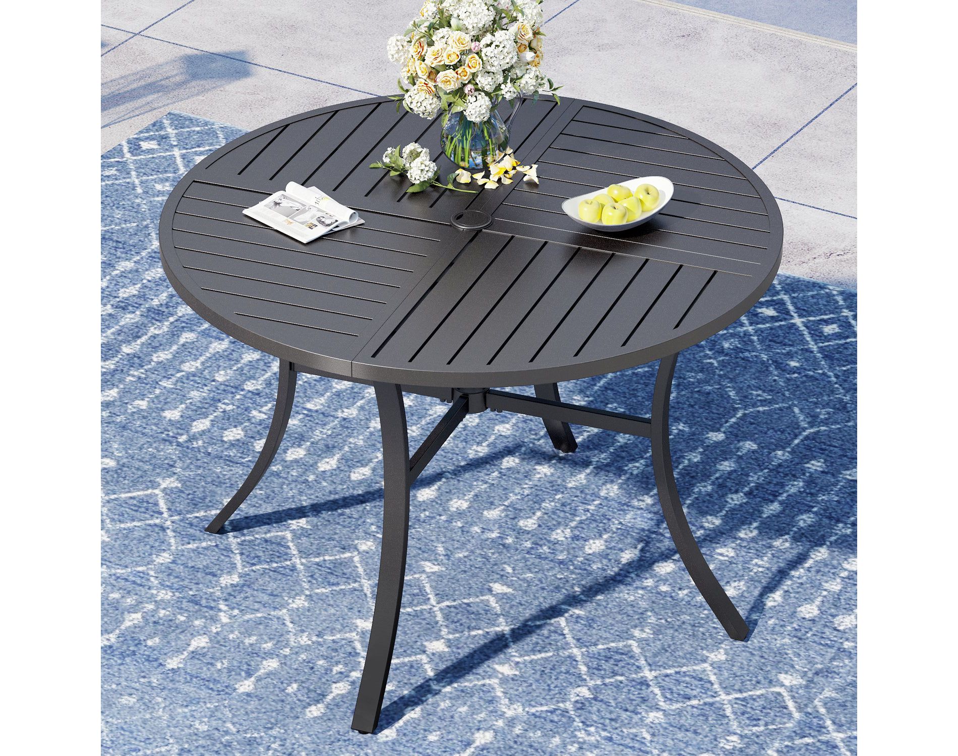 Captiva Designs 1pc Patio Dining Round Black Steel Table with Umbrella Hole for 4