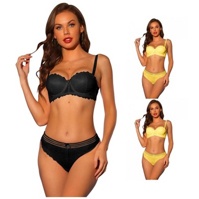 INSPIRE CHIC Women's Lace Balconette Underwire Bras Padded Bra and Panty Set 3 Packs