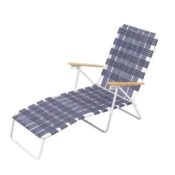 RIO Brands High Back Outdoor Folding Chaise Lounge Chair with Blue Woven Webbing, White Powder Coated Steel Frame, and Hardwood Armrests, Blue
