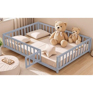 CAVINAS Kids Montessori Bed with Door and Fence,Wooden Floor Bed with Support Slats,Full Size Toddler Bed for Bedroom Playroom,White/Gray/Brown - 1 of 4