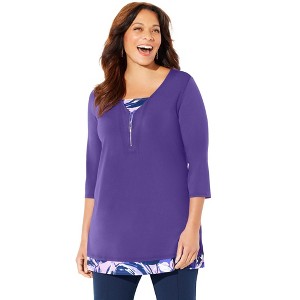 Catherines Women's Plus Size Half-Zip V-Neck Tunic Duet - 1 of 4