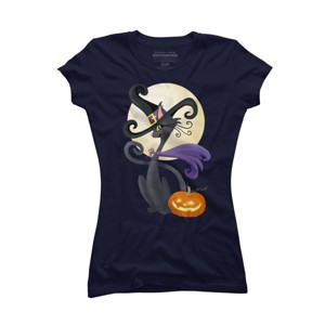Junior's Design By Humans Bewitching Black Halloween Kitty Cat By LittleBunnySunshine T-Shirt - 1 of 3