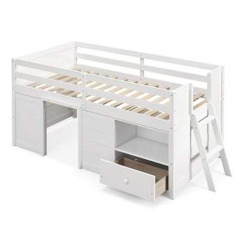 Costway Twin Size Low Loft Bed with Storage Drawer Activity Center Solid Wood Bed Frame