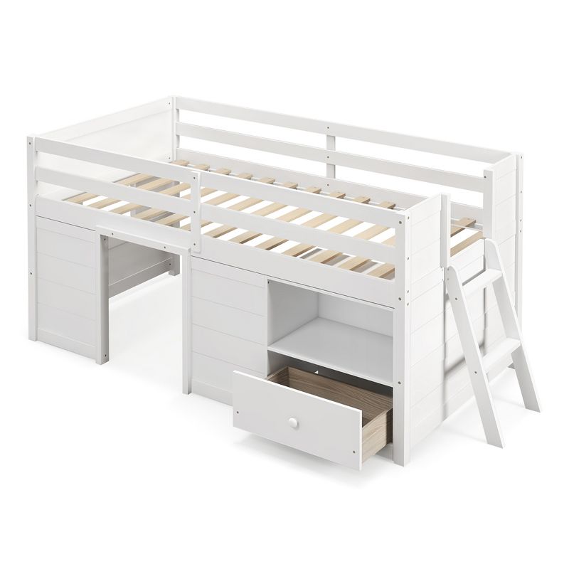 Costway Twin Size Low Loft Bed with Storage Drawer Activity Center Solid Wood Bed Frame, 1 of 10