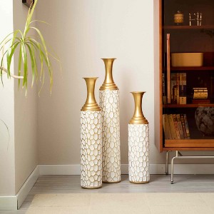 Angel Sar 3 Piece Gold Ice Crackle Vase Set, Tall White Metal Vases with Cracked Glaze Pattern, 33.86" 29.3" 24.6" H Floor Decor - 1 of 4