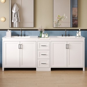 KWPZQEB 84" Bathroom Vanity with 2 Ceramic Sink, Freestanding Vanity Cabinet with 3 Drawers & Adjustable Shelves, Large Double Bath Vanity Sink Combo - 1 of 4