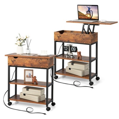 Tangkula 2PCS Lift Top End Table w/ Charging Station Storage Shelves Wheels Mobile Bedside