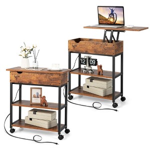 Tangkula 2PCS Lift Top End Table w/ Charging Station Storage Shelves Wheels Mobile Bedside - 1 of 4