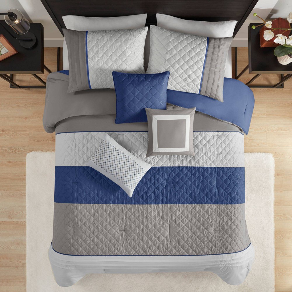 Photos - Bed Linen 7pc Queen Clement ColorBlock Striped Comforter Set with Throw Pillows Blue