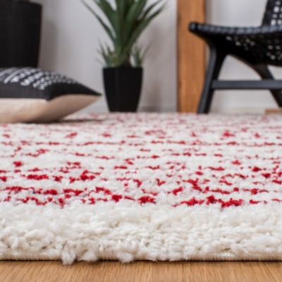Ivory and Red Geometric Shag Area Rug 9' x 12'