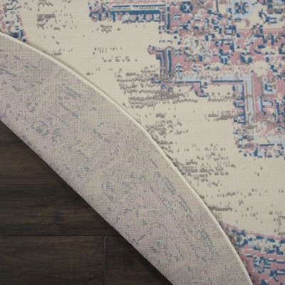 Elegant Medallion Hand-Knotted Round Rug in Ivory and Pink