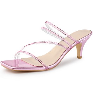 Allegra K Women's Rhinestone Strappy Square Toe Kitten Heel Slide Sandals - 1 of 4