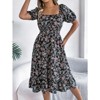 Women's Summer Floral Dresses Ruffle Puff Short Sleeve Square Neck Flowy A Line Midi Dress Black Medium - 2 of 4