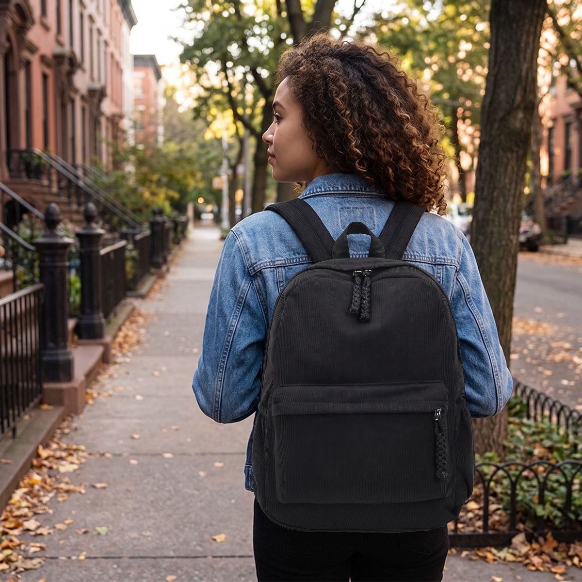Alilang Corduroy Backpack with Front Zip Pocket Adjustable Straps and Spacious Everyday Storage - thumbnail 5