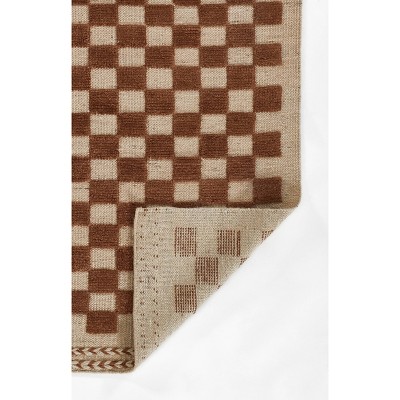 Handwoven Brown and Beige Wool Checkered 5' x 8' Rug