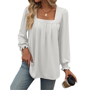 Coolmee Womens Tunic Tops Casual Puff Long Sleeve Pleated Square Neck Loose Fit Knit Shirt for Leggings - 1 of 4