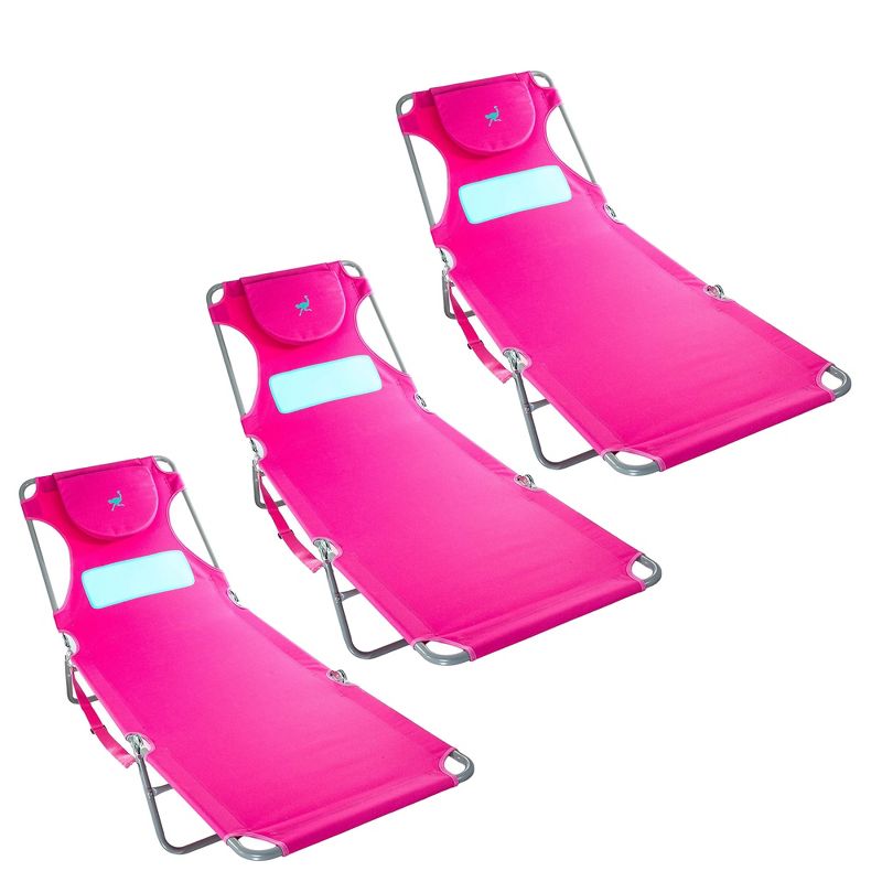 Ostrich Comfort Lounger Face Down Sunbathing Chaise Lounge Beach Chair with 3-Position Folding for Outdoor Camping, Pool, and Beach, Pink (3 Pack), 1 of 7