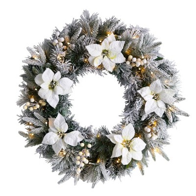 Nearly Natural 24” Flocked Poinsettia and Pine Artificial Christmas Wreath with 50 Warm White LED Lights