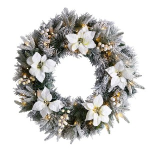 Nearly Natural 24” Flocked Poinsettia and Pine Artificial Christmas Wreath with 50 Warm White LED Lights - 1 of 4