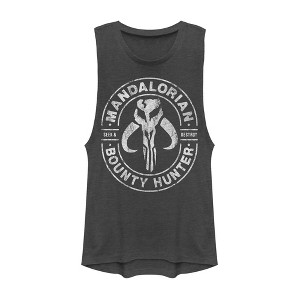 Juniors Womens Star Wars The Mandalorian Seek & Destroy Stamp Festival Muscle Tee - 1 of 3