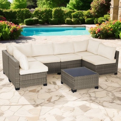 Chic Crate-All-Weather 7-Piece Gray PE Wicker Patio Furniture Set – Beige Cushioned Seats & Coffee Table