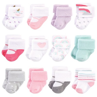 Image of Hudson Baby Infant Girl Cotton Rich Newborn and Terry Socks, Unicorn, 0-3 Months