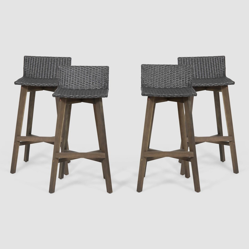 Photos - Garden Furniture 4pk La Brea Acacia Wood & Wicker Patio Barstools Gray - Christopher Knight