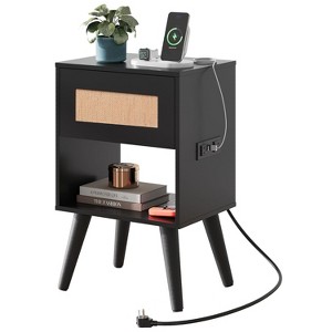 GALAXHERO Rattan Nightstand with Charger Station, Small Drawer Storage Shelf Mid-Century Side Table for Bedroom, Compact Size - 1 of 4