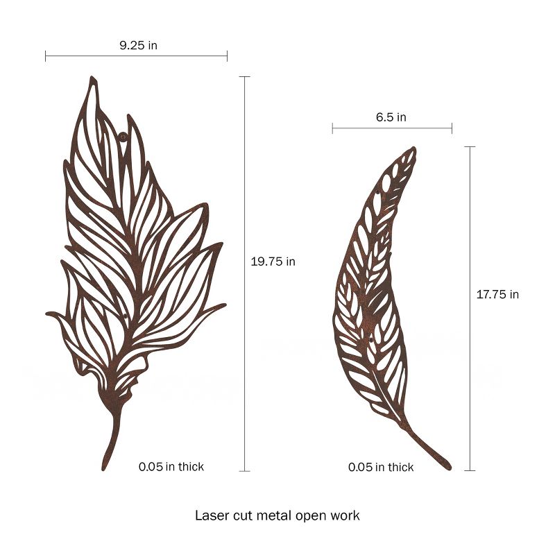 Wall Decor-Set of Two Metal Feather Hanging Wall Art Laser Cut Contemporary Nature Sculpture for Living Room, Bedroom, Kitchen by Lavish Home (Brown), 3 of 8